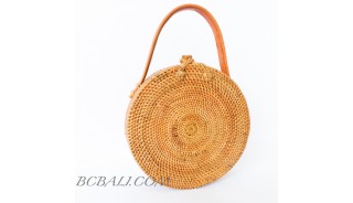 rattan hand woven ata grass lining full handmade circle short handle leather 